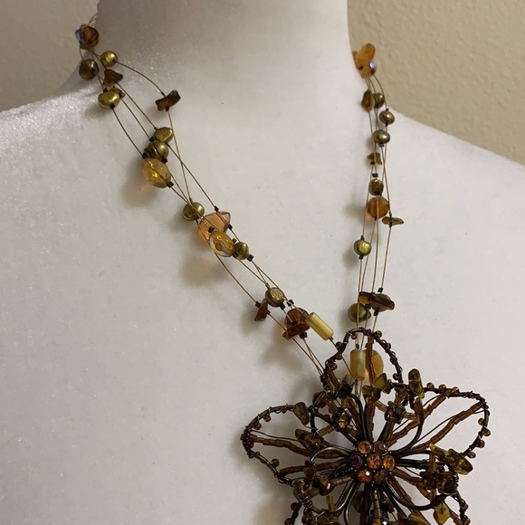 Delicate multi strand wire necklace with crystal and gold beads. - Picture 3 of 5